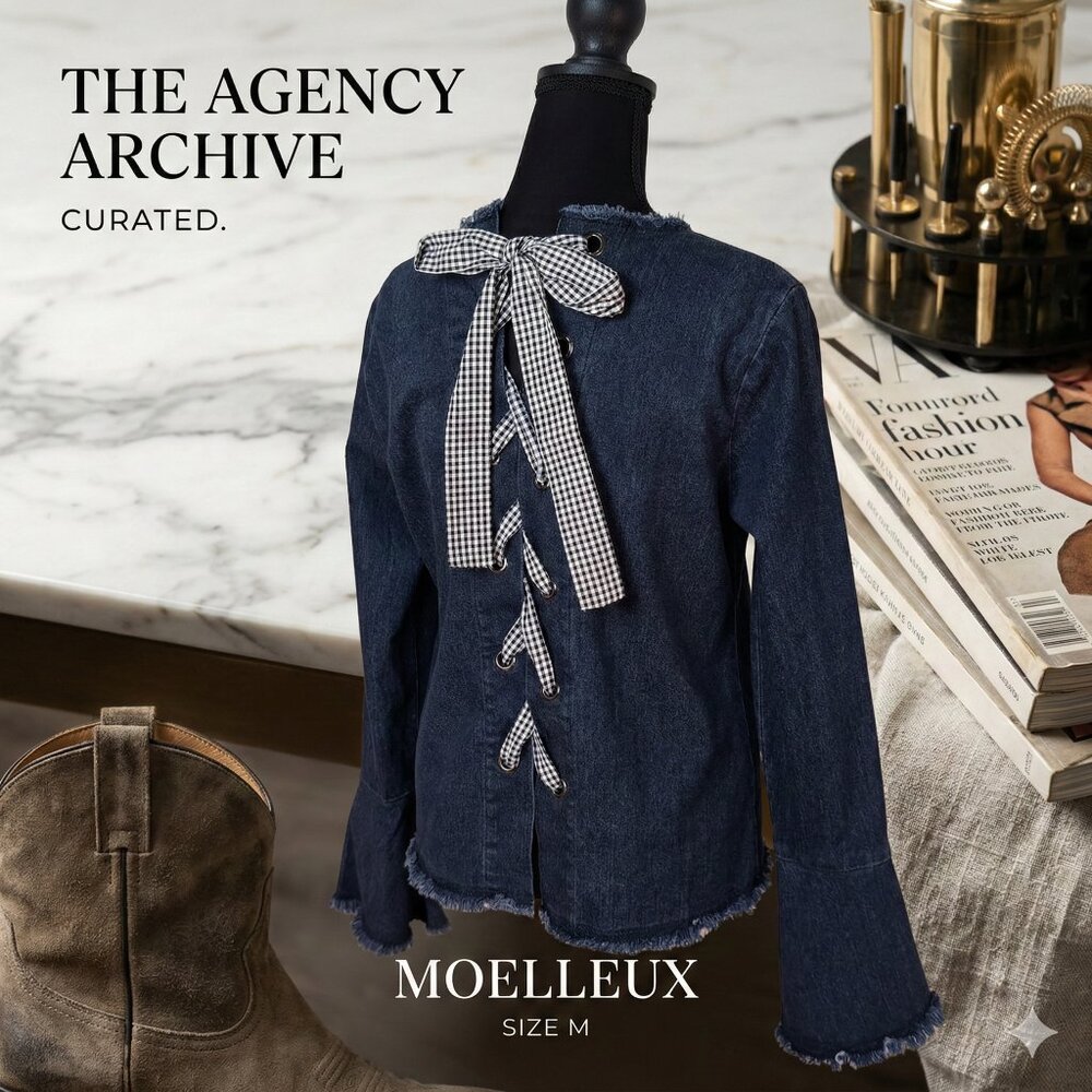 Bohemian MOELLEUX Gingham Lace-Up Back Denim Shirt in Dark Wash.